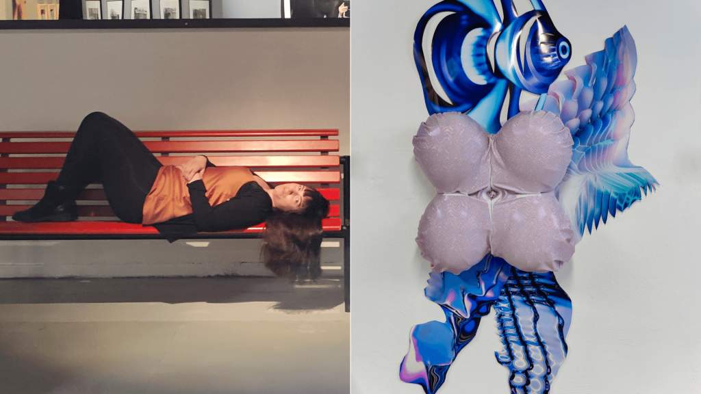 Kombokuva, toisessa nainen makaamassa penkillä ja toisessa abstrakti taideteos.
