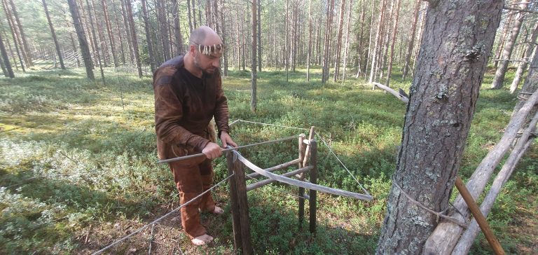 Mies käsittelee vanhanaikaista ansarakennelmaa metsässä.