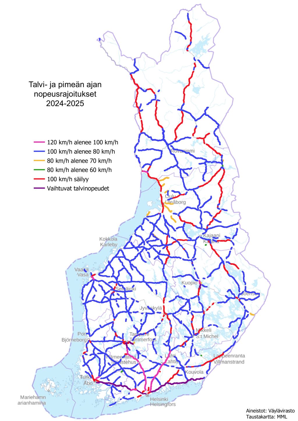 Karttakuva nopeusrajoituksien muutoksista.