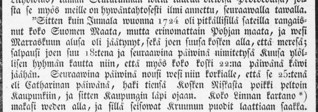 Kuvassa ote vuonna 1829 ilmestyneestä sanomalehdestä ja sen koukeroisesta kirjoitusasusta.