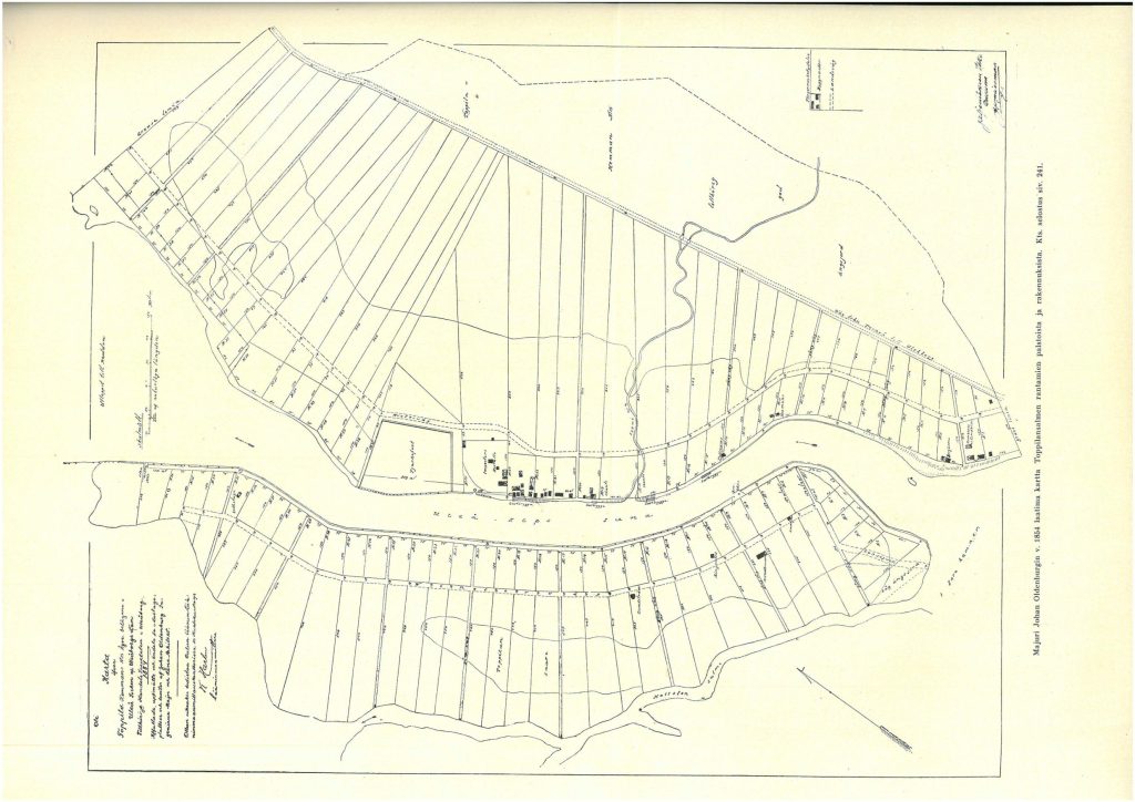 Käsin piirretty karttakuva maa-alueesta jaettuna palstoihin vuodelta 1854.